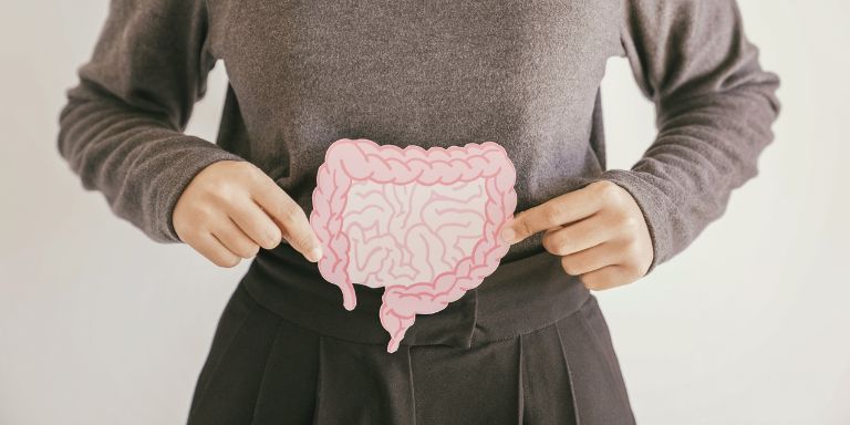 Symbolbild: Eine Frau hält einen gezeichneten Darm vor ihren Bauch