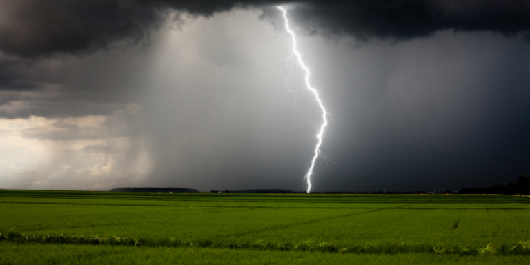 Ein Gewitter mit Blitz über einem Feld