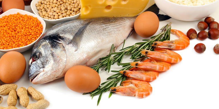 Eine Auslese an Lebensmitteln: Hülsenfrüchte, Käse, Ei, Erdnüsse, Fisch, Crevetten etc.