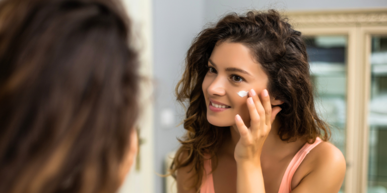 Eine Frau verwendet eine Gesichtscreme.